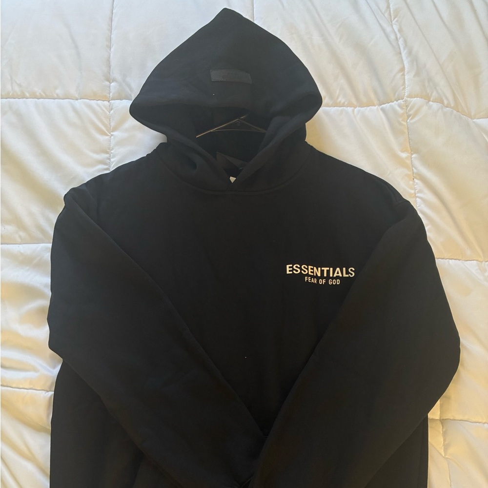 Fear of God Essentials Black Pullover Hoodie with White Chest Logo